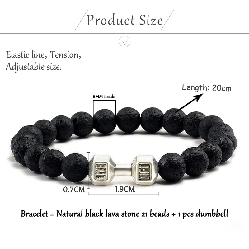 Black lava stone bracelet with a dumbbell charm, showing measurements on a white background.