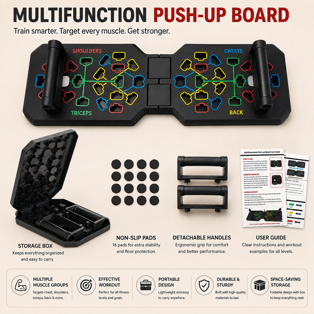 Multifunction push-up board set shown on a light beige background with feature callouts, including the main board, storage box, non-slip pads, detachable handles, user guide, and benefit icons.