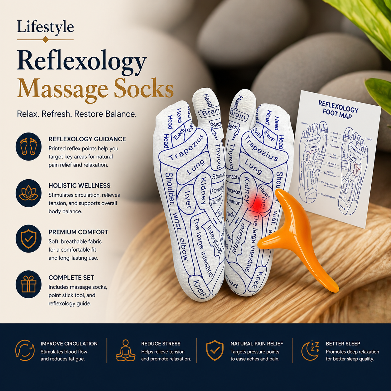 Lifestyle promotional graphic for a Reflexology Massage Sock set, showing two white patterned massage socks on a wooden tray with an orange reflexology tool and a foot map card. The left side includes marketing text and icons on a dark navy banner.
