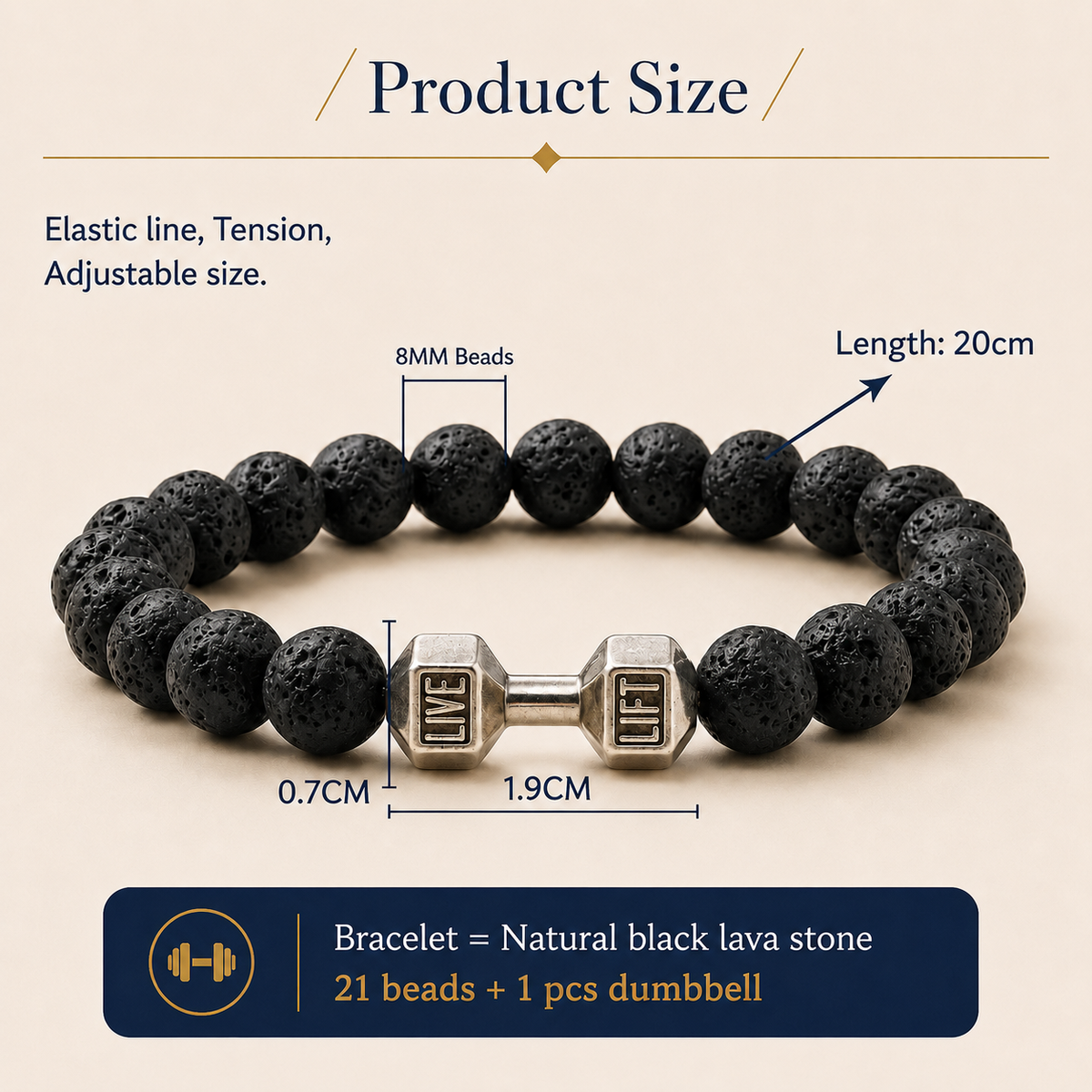 Product size diagram for a beaded bracelet with a dumbbell charm. The bracelet is made of natural black lava stones with an 8mm silver dumbbell charm in the center.