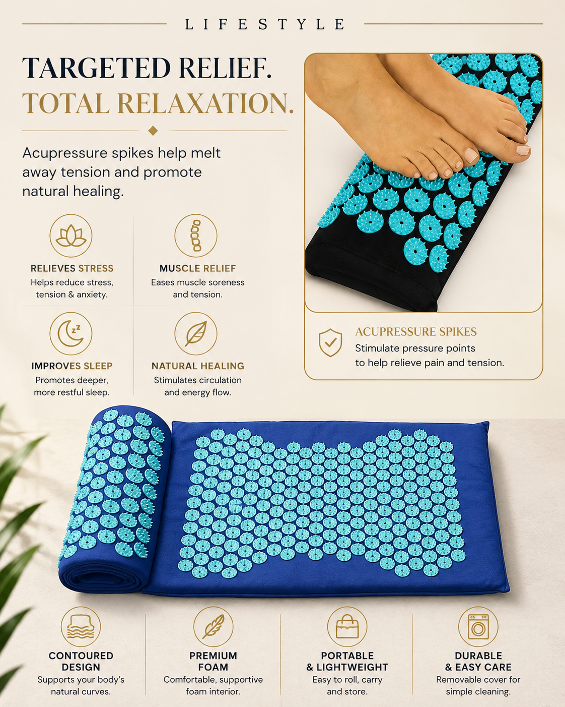 A blue and turquoise acupressure mat shown in a lifestyle infographic with a human foot resting on the top surface, plus text callouts about stress relief, muscle relief, sleep improvement, and features like contoured design and portable lightweight construction.